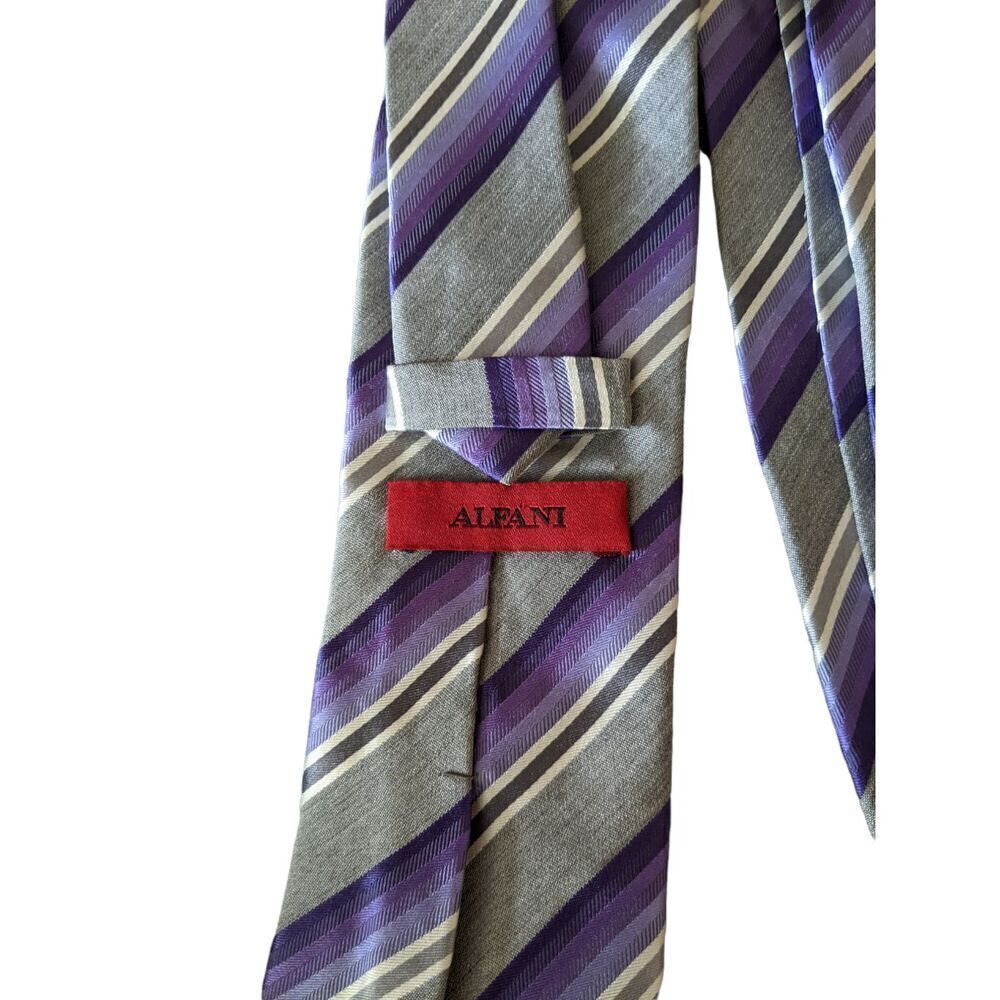 Alfani Men's Purple, White, Gray Diagonal Stripe 100% Silk Tie length 60 in - Picture 3 of 5